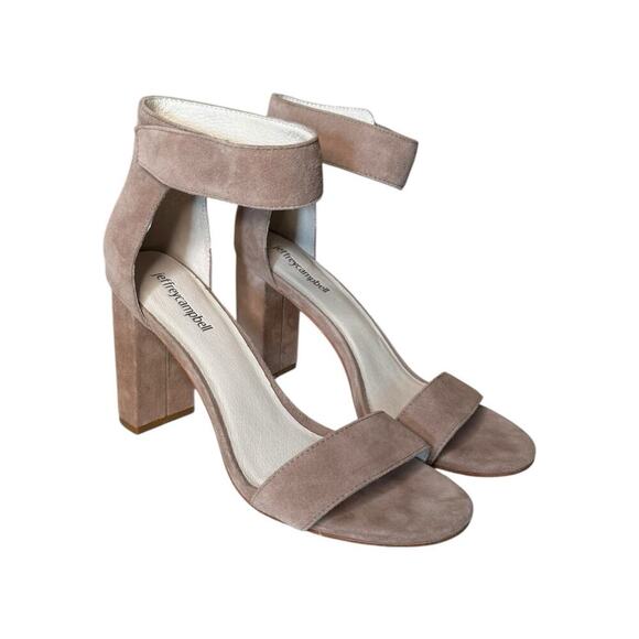 JEFFREY CAMPBELL Lindsay Ankle Strap Sandals w Block Heel Suede Taupe Size 8.5 - Picture 1 of 8